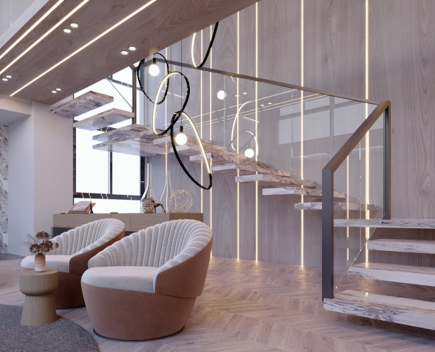 3d渲染，3d插图，室内场景和模型，客厅和室内花园，装饰有棕色家具和木纹。图片下载