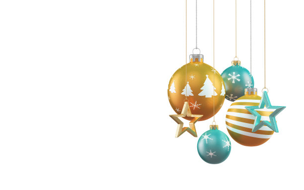 黄色和绿松石圣诞装饰，白色背景剪辑路径图片下载