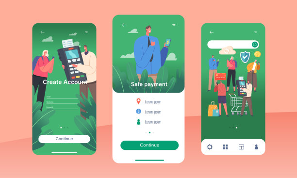 安全支付移动应用程序页面板载屏幕模板。客户角色手持电子产品，使用Pos终端图片下载