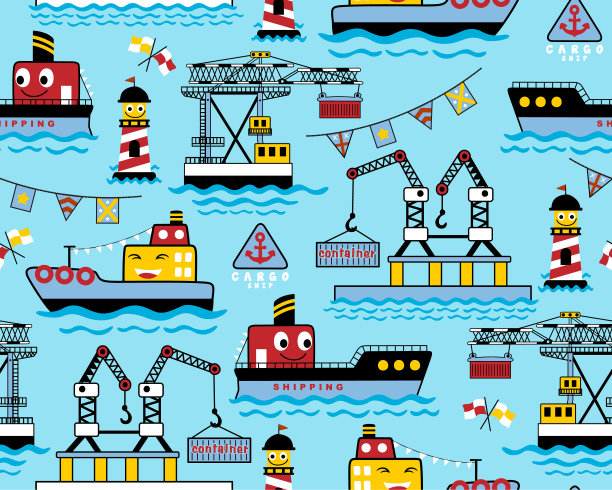 无缝模式矢量搞笑船舶卡通在繁忙的港口。港口元素漫画图片下载
