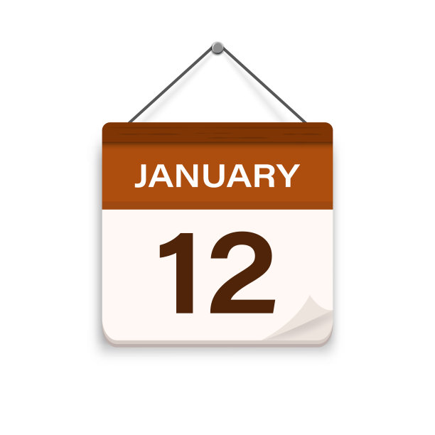 1月12日，日历图标与阴影。日、月。会议预约时间。活动安排日期。平面矢量图。图片下载