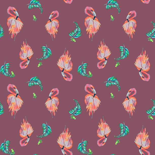 热带鸟类火烈鸟和棕榈叶水彩无缝图案的粉红色背景。图片下载