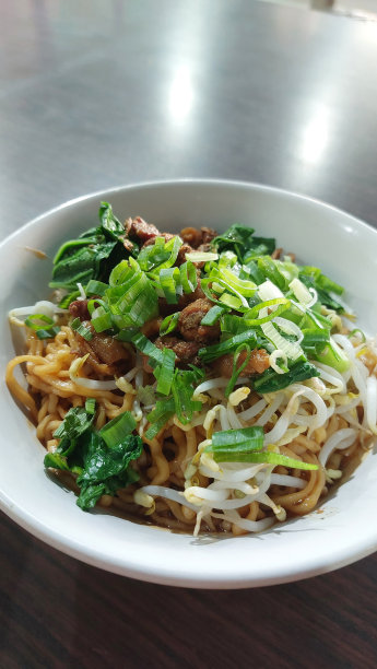 一碗面条，上面放着鸡肉块、葱、豆芽和水饺图片下载