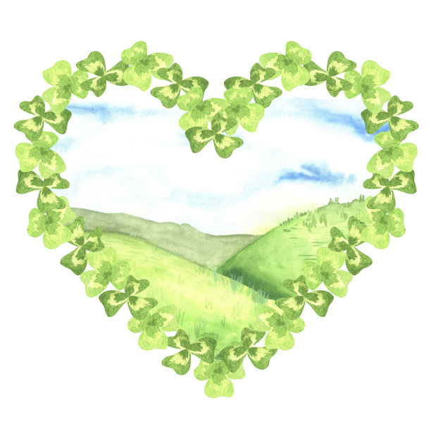 风景与绿色的山丘在一个心脏花环的三叶草。水彩插图。孤立在白色背景上。为您设计乳制品包装，旅游宣传册，贴纸，有机产品图片下载