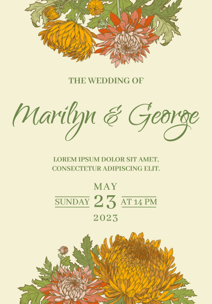 橙色和红色菊花在黄色背景上的垂直花框。婚礼，周年纪念或假期邀请模板。手绘矢量插图。图片下载