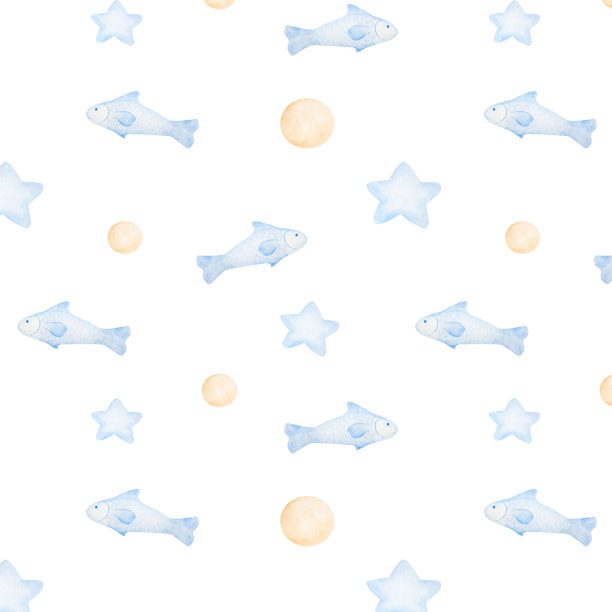 水彩无缝图案与鱼，球和星星在蓝色的白色背景图片下载