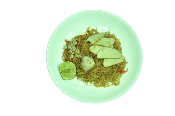 炸粉米粉配黑抽肉丸和鱼线片图片下载