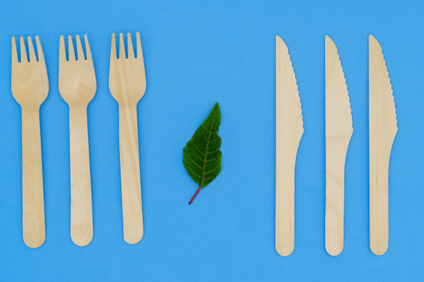 一次性木制刀叉，蓝色背景。环保材料。不使用一次性塑料。拯救地球图片下载