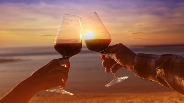 剪影浪漫的情侣互相敬酒，一起坐在沙滩上的日落场景的心情图片下载