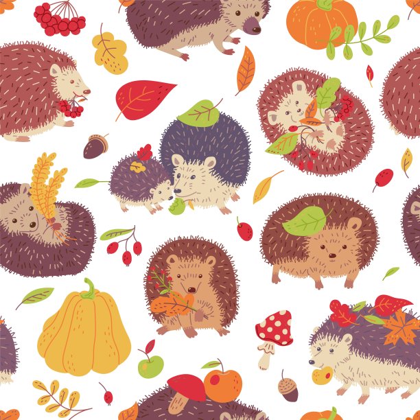 秋季无缝模式与可爱的刺猬，南瓜，叶子和蘑菇-平面矢量插图。图片下载