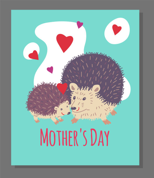 有刺猬的海报或明信片关于母亲节的扁平风格图片下载