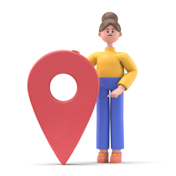 微笑的女人安吉拉的3D插图在一个有趣的点。芋泥。全球定位系统(GPS)的概念。白色背景上的3D渲染。图片下载