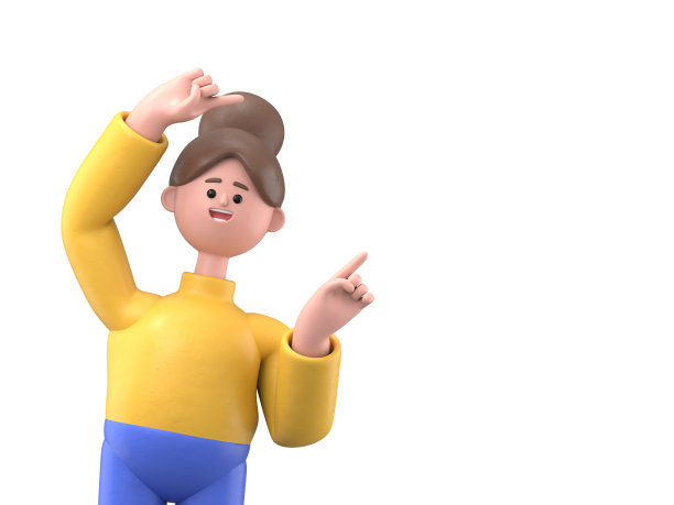 微笑的女人安吉拉手势的3D插图点手指在复制空间肖像。白色背景上的3D渲染。图片下载