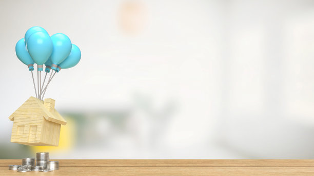 家庭木材和蓝色气球的财产概念3d渲染图片下载