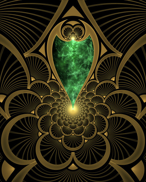 装饰艺术分形艺术无限重复的金色扇形与中心区域的深绿色大理石。图片下载