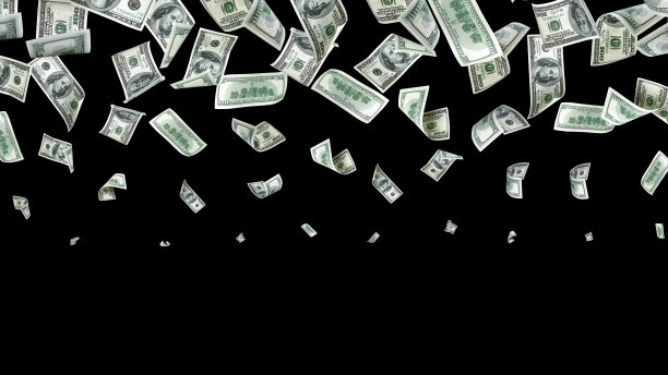 美元的钞票。华盛顿美国现金。美元钱黑色背景。钱在下降。图片下载