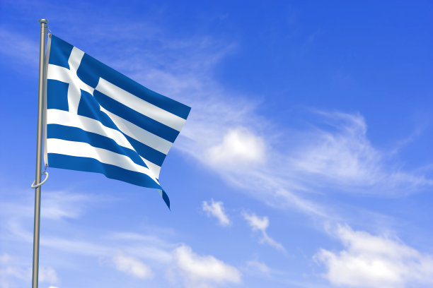 希腊共和国国旗在蓝天背景。3D插图图片下载