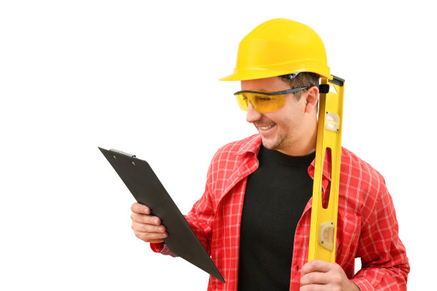 戴着头盔的微笑男建筑工人，白底的合同。建设、发展、团队、以人为本图片下载