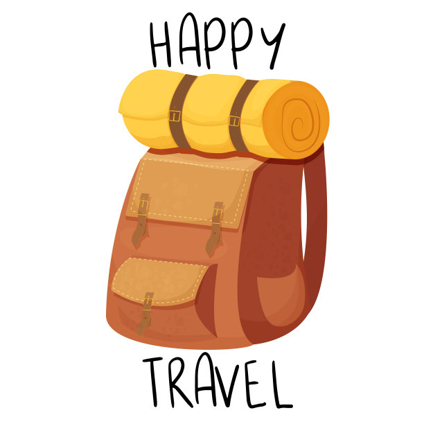 露营背包，背包贴纸与文字快乐旅行在卡通风格孤立的白色背景。活动包，复古配件。休闲设备。矢量图图片下载