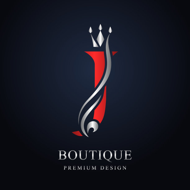 红色大写字母J配银色皇冠。优雅的皇家风格。漂亮的书法标志。为书籍设计，品牌名称，名片，餐厅，精品店复古优雅的徽章。矢量图图片下载