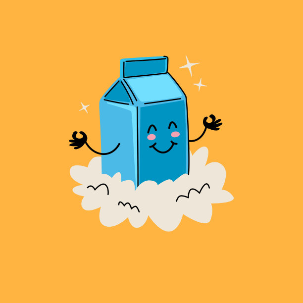画一个牛奶盒坐在云端。乳制品的插图。可爱的牛奶盒在微笑。图片下载