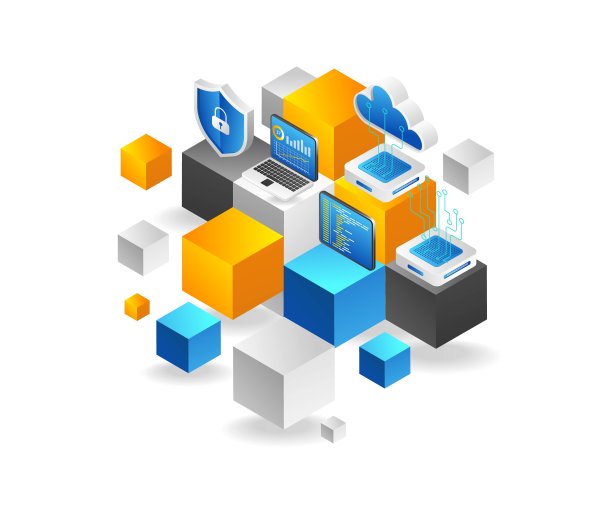 平面等距三维插图区块链概念网络安全分析服务器芯片图片下载
