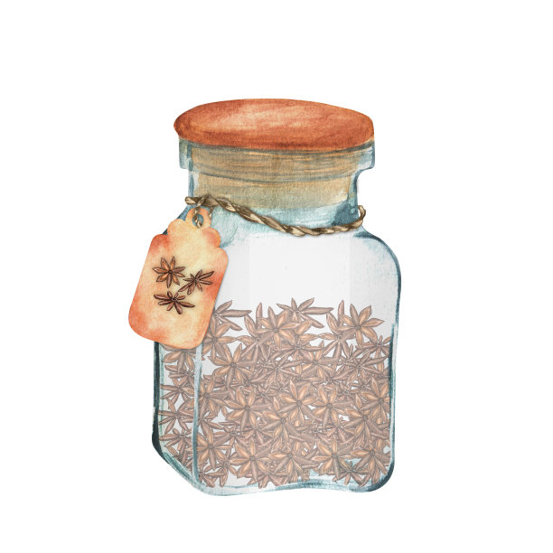 手绘水彩玻璃瓶与八角香料图片下载