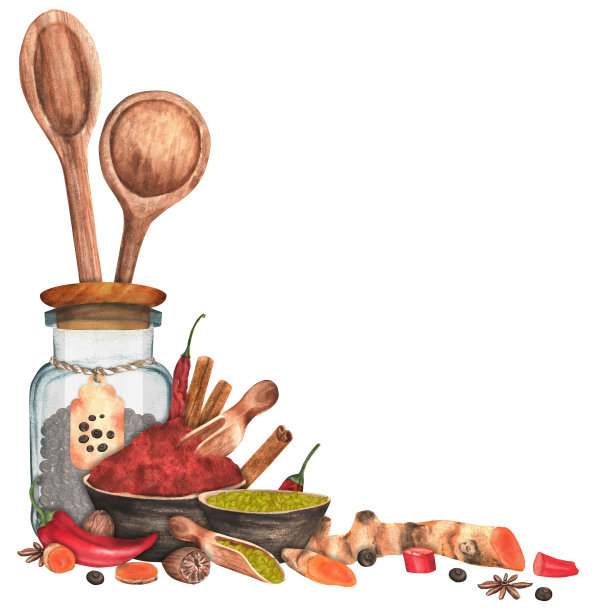 手绘水彩厨房构图与调味品。姜黄，辣椒粉和多香香料装在玻璃罐子和陶瓷碗里，辣椒，小豆蔻和八角图片下载