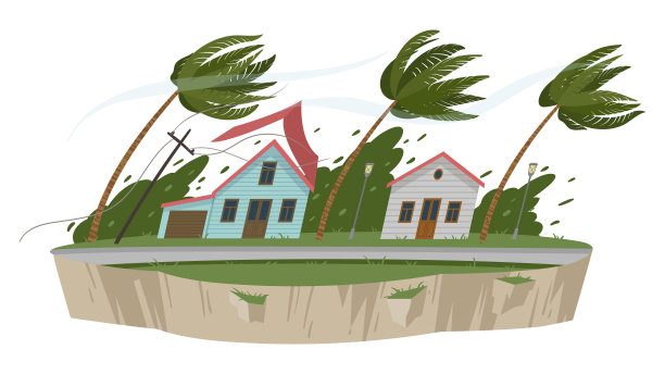 卡通风暴风自然灾害。超级风暴灾难，郊区房屋损坏，大风大灾变平面矢量插图在白色背景图片下载