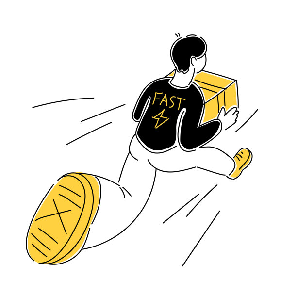 漫画风格的现代简单图形。一个拿着盒子的年轻人跑得很快。图片下载