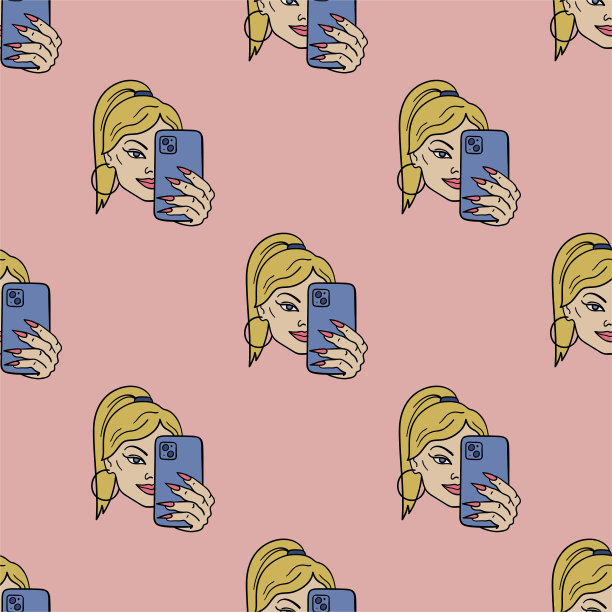 女人做自拍矢量无缝模式。可爱重复背景纺织品，设计，面料，封面等。图片下载