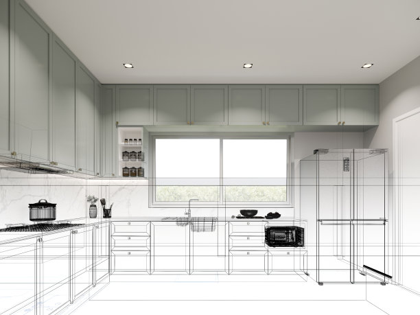 厨房房间抽象草图设计，三维渲染图片下载