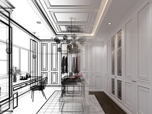 室内步入式衣帽间草图设计，三维渲染图片下载