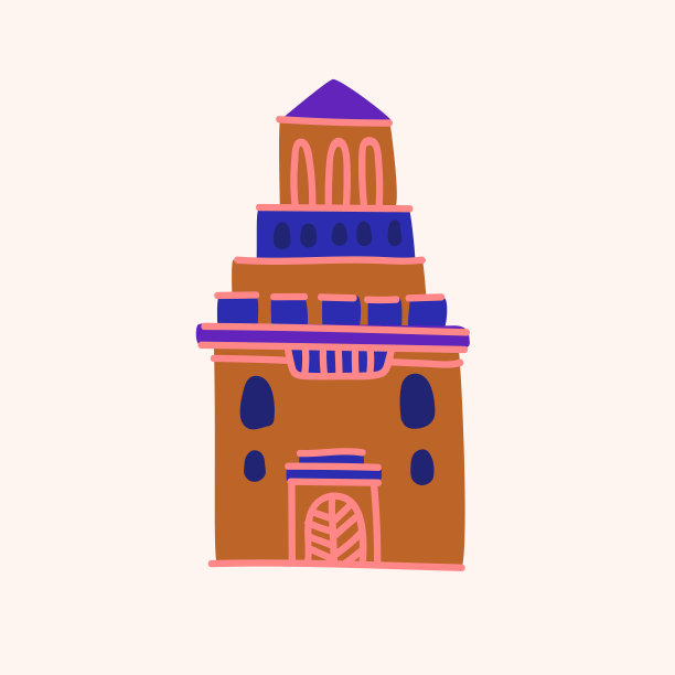 徒手画的平面图建筑的插图。建筑的立面以浅色为背景。图片下载