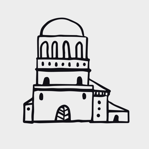 黑白手绘图。建筑的立面以浅色为背景。建筑的线性插图。图片下载