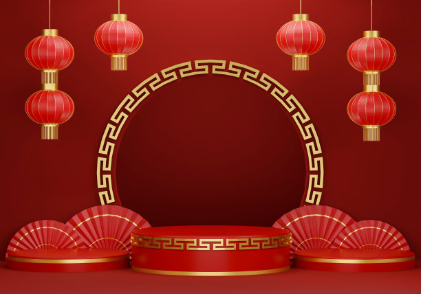 中国新年，十二生肖，金兔和红灯笼。3d插图图片下载