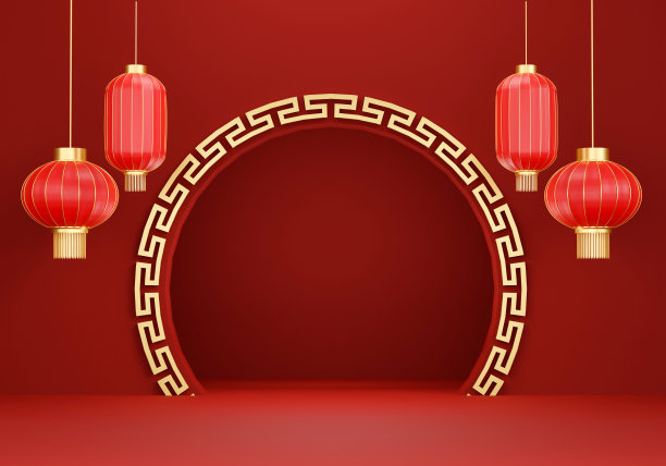 中国新年，十二生肖，金兔和红灯笼。3d插图图片下载