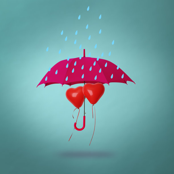为红色心形气球遮雨的粉色雨伞图片下载