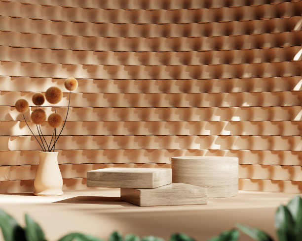 带有植物和窗帘产品展示背景的3D渲染平台平台图片下载