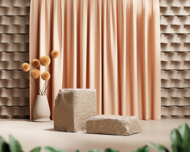 带有植物和窗帘产品展示背景的3D渲染平台平台图片下载