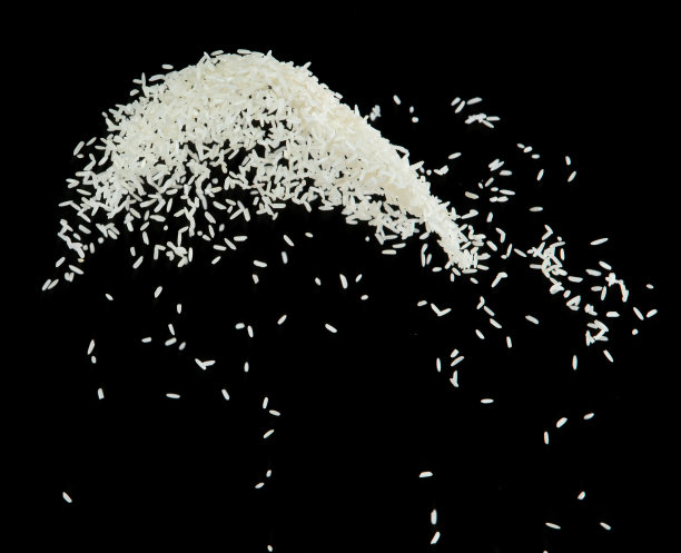 日本稻谷炸飞爆炸，白色稻谷炸抽象云飞。美丽完整的种子大米在空中飞溅，食物对象设计。选择性对焦定格拍摄黑色背景隔离图片下载