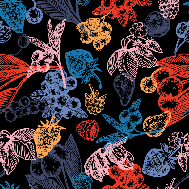 无缝模式的不同浆果。夏季水果浆果装饰。手绘矢量插图。抽象的彩色设计。图片下载