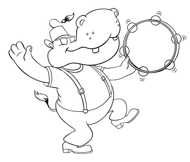 有趣的卡通河马。一个有趣的河马的轮廓矢量图像。一只戴着土耳其软毡帽的河马在手鼓上跳舞。图片下载