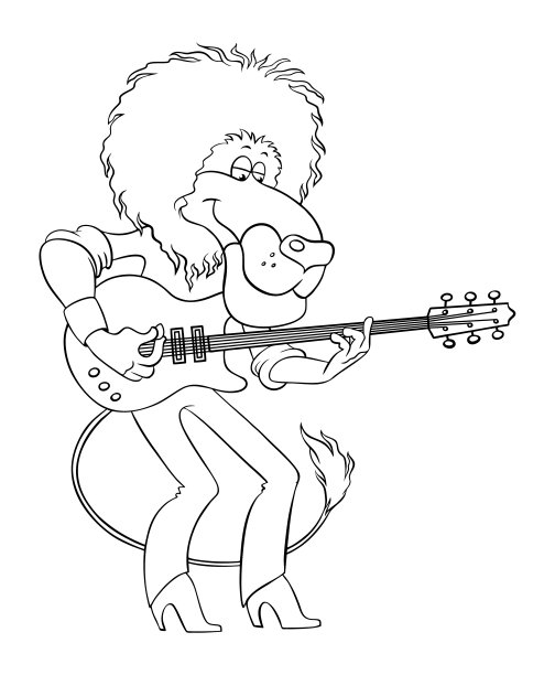 轮廓矢量图像的狮子，孤立在白色。一只时髦的狮子用电吉他表演摇滚。卡通狮子弹电吉他。图片下载