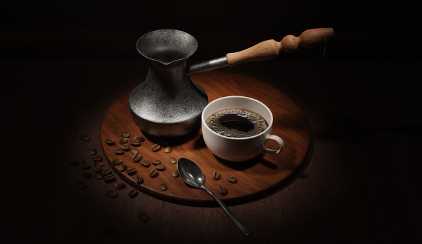 一杯新鲜的黑咖啡从一个旧咖啡壶里倒出来，咖啡豆在桌子上，一杯香浓的饮料。三维渲染图片下载