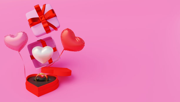 情人节3d插图与3d心脏，戒指盒，心脏气球和黄金。图片下载