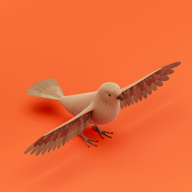 金丝雀娃娃，填充鸟制成的织物单鸟从等距视图，棕色单色动物在橙色工作室，3d渲染图片下载