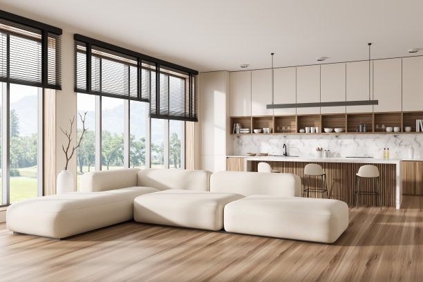 明亮的工作室内部，带凉意和带全景窗的烹饪角图片下载