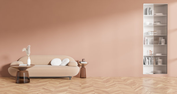 正面视图明亮的客厅内部与粉红色的墙壁图片下载