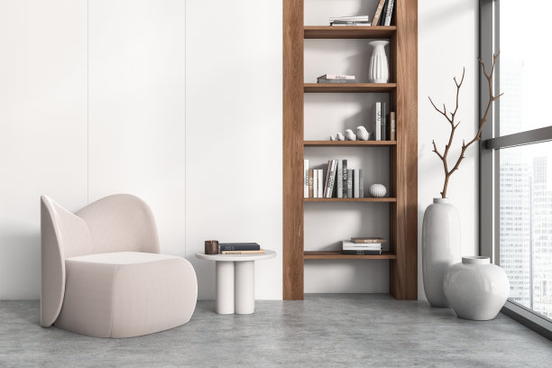 正面视图明亮的客厅内部与扶手椅图片下载